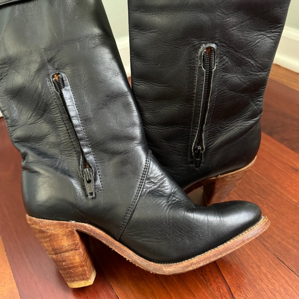 Frye Black Leather Stacked Heel Boots Vintage 1970s - Picture 8 of 14